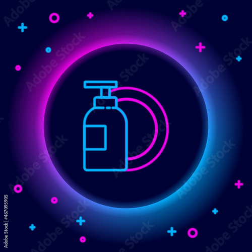 Glowing neon line Dishwashing liquid bottle and plate icon isolated on black background. Liquid detergent for washing dishes. Colorful outline concept. Vector