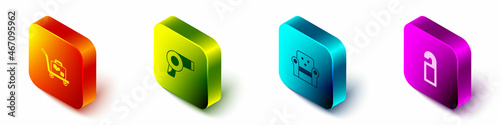 Set Isometric Trolley suitcase, Hair dryer, Armchair and Please do not disturb icon. Vector