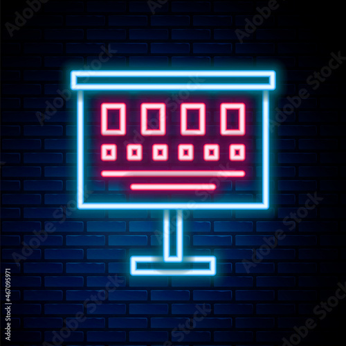 Glowing neon line Eye test chart icon isolated on brick wall background. Poster for vision testing in ophthalmic study. Snellen chart. Colorful outline concept. Vector