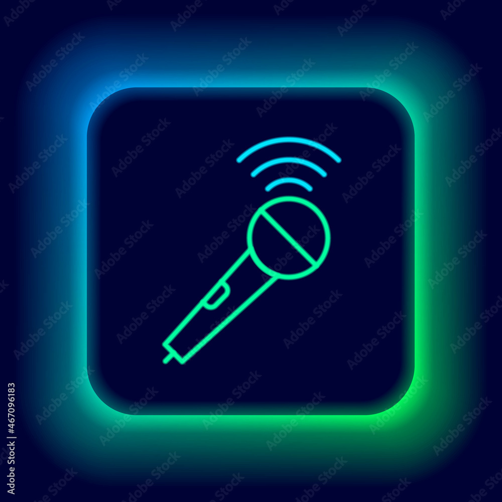 Glowing neon line Wireless microphone icon isolated on black background. On air radio mic microphone. Speaker sign. Colorful outline concept. Vector Glowing neon line Wireless microphone icon isolated on black background. On air radio mic microphone. Speaker sign. Colorful outline concept. Vector