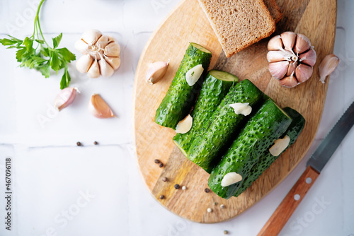 Pickled cucumbers with dill and garlic slices