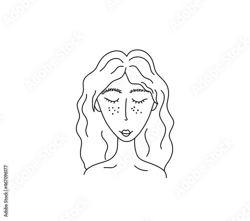 Vector isolated girl head with loose hair hairstyle contour line drawing. Colorless black line drawn girl with her eyes closed 