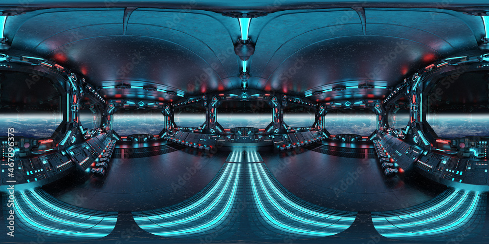 HDRI panoramic view of dark blue spaceship interior with windows. High resolution 360 degrees panorama reflection mapping of a futuristic spacecraft 3D rendering - obrazy, fototapety, plakaty 