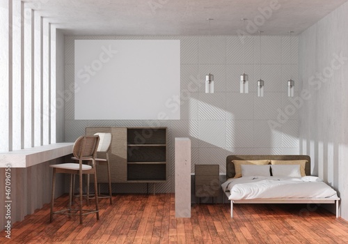 3D illustration Mockup photo frame in bedroom rendering