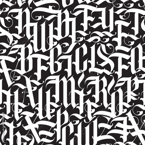 Black-white seamless pattern of capital Gothic letters. Repeating background with white medieval Latin letters on a black. Vector texture of english alphabet letters. Wallpaper, wrapping paper, fabric
