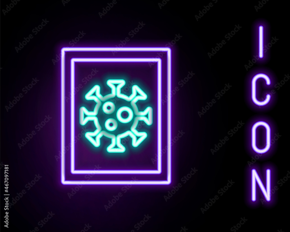 Glowing neon line Virus statistics on monitor icon isolated on black background. Corona virus 2019-nCoV. Bacteria and germs, cell cancer, microbe, fungi. Colorful outline concept. Vector Glowing neon line Virus statistics on monitor icon isolated on black background. Corona virus 2019-nCoV. Bacteria and germs, cell cancer, microbe, fungi. Colorful outline concept. Vector