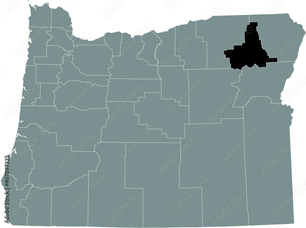 Obraz premium Black highlighted location map of the Union County inside gray administrative map of the Federal State of Oregon, USA