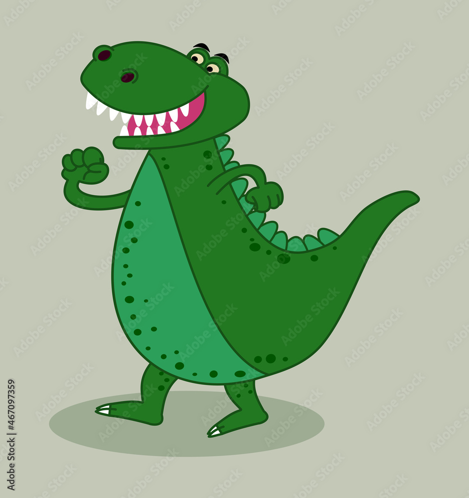 Naklejka premium Green dinosaur crocodile smiling on profile while walking with shadow