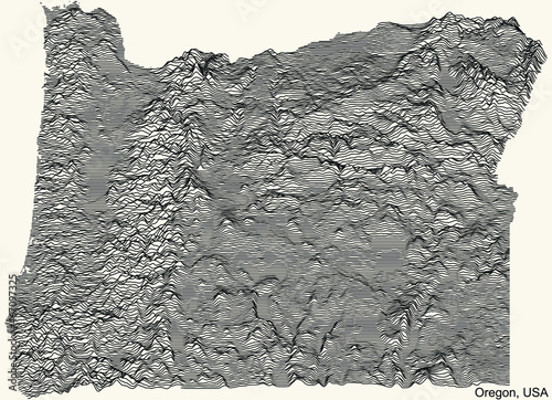 Topographic positive relief map of the Federal State of Oregon, USA with black contour lines on beige background
