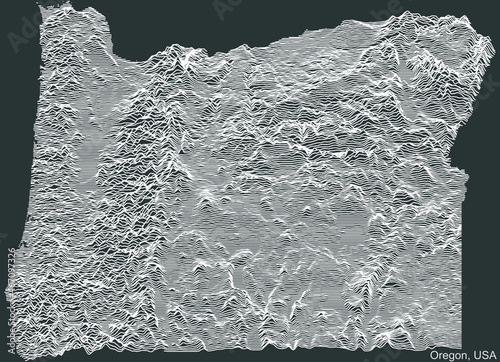 Topographic negative relief map of the Federal State of Oregon, USA with white contour lines on dark gray background