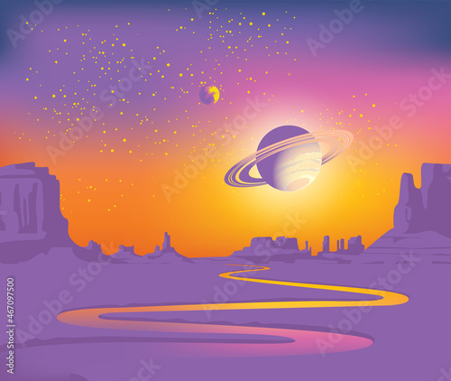 A fantastic alien landscape with a deserted valley, a winding river, rocks and a view of Saturn and another planet in the starry sky. Vector lifeless scenery in lilac colors. Space sci-fi background