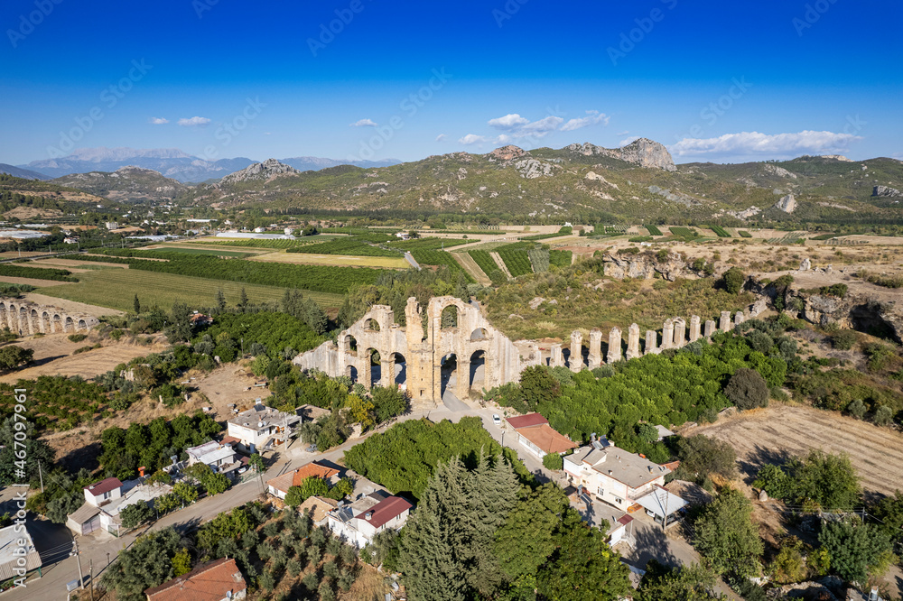 Aerial view of the ancient Aspendos amphitheater in Antalya