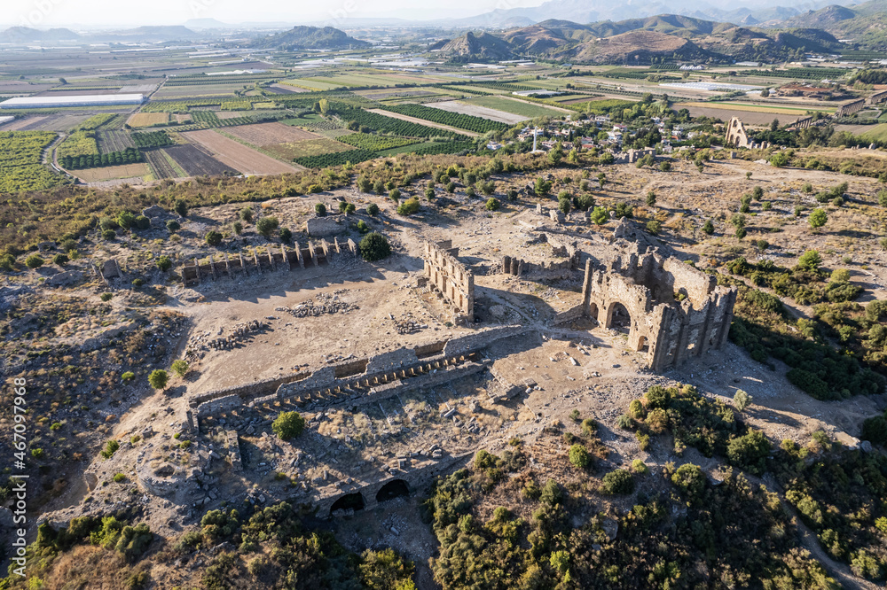 Aerial view of the ancient Aspendos amphitheater in Antalya