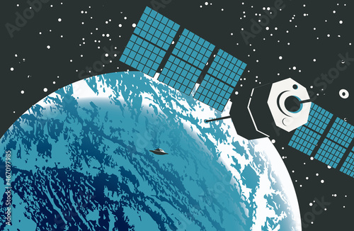 Graphic illustration with a UFO and satellite on the background of planet Earth and starry cosmic space, a view from space. Extraterrestrial flying saucer. Vector banner on the theme of alien invasion