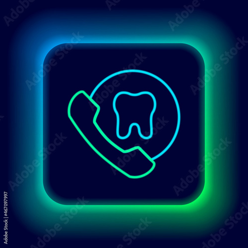 Glowing neon line Online dental care icon isolated on black background. Dental service information call center. Colorful outline concept. Vector