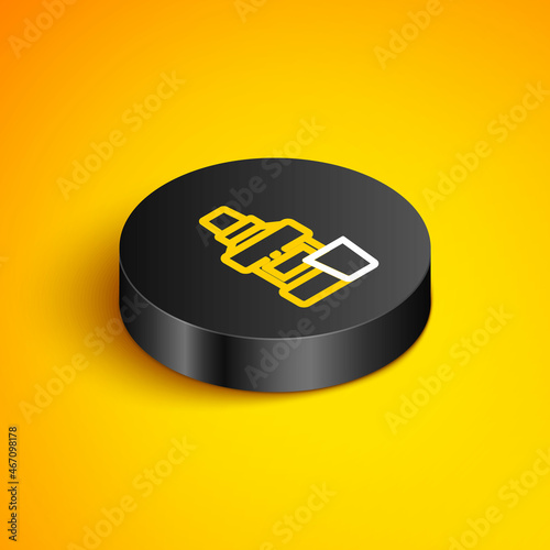Isometric line Mouthwash plastic bottle and glass icon isolated on yellow background. Liquid for rinsing mouth. Oralcare equipment. Black circle button. Vector
