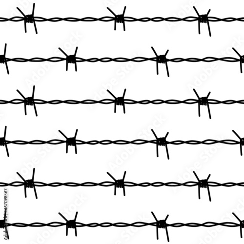 Barbed wire. Seamless pattern isolated on white background. Steel barbwire with spikes. Black silhouette of a chain of wires in a line. Isolation symbol, prison, grill, barrier. Vector illustration