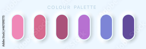Guide Palette Catalog. Multicolor purple pink cyan. Samples Pastel and RGB HEX. Colorful soft buttons or vivid color spheres flat. Neomorphism Vector illustration