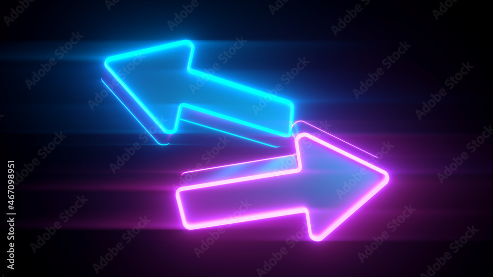 Neon arrows that look in different directions, in a blue and pink glow -3D rendering Neon arrows that look in different directions, in a blue and pink glow -3D rendering