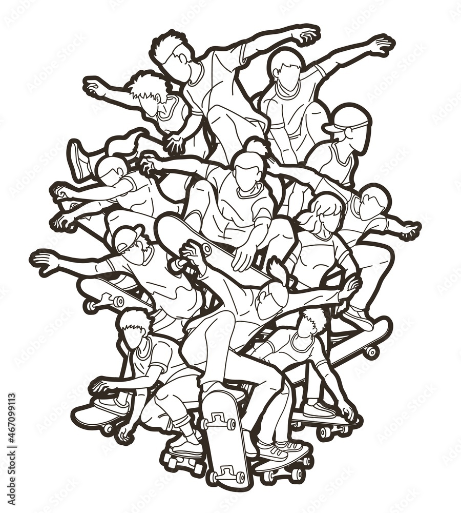 Group of Skateboarder Playing Skateboard Together Extreme Sport Cartoon Graphic Vector