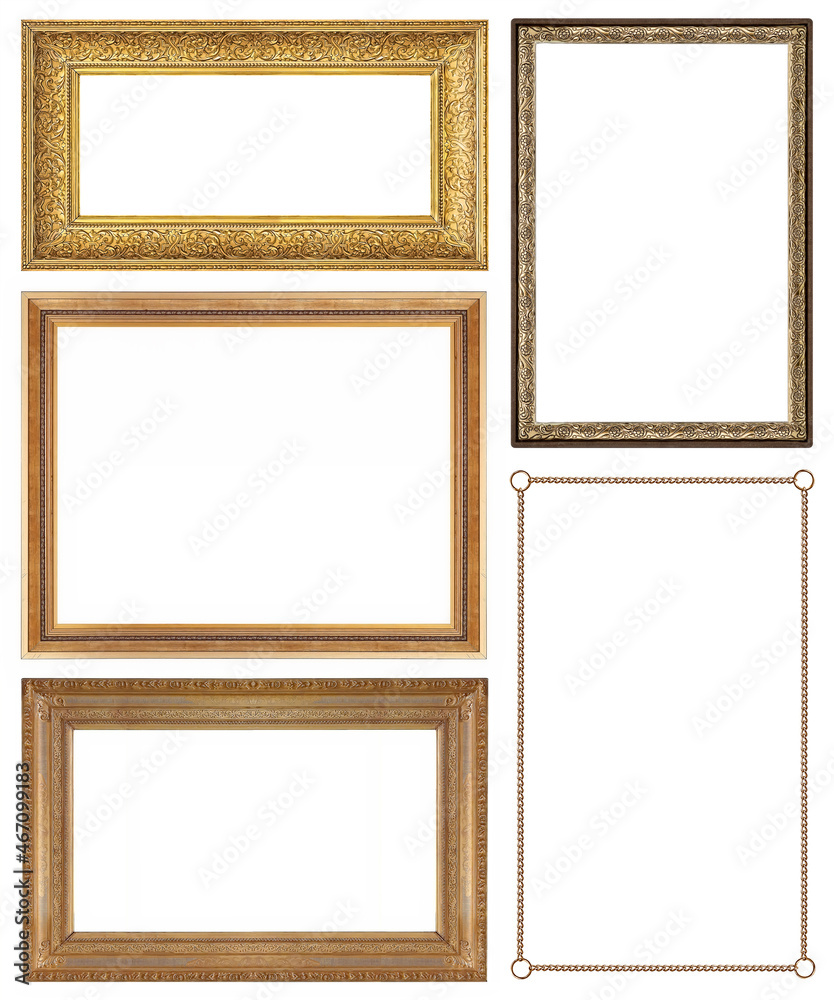 Set of golden frames for paintings, mirrors or photo isolated on white background Set of golden frames for paintings, mirrors or photo isolated on white background