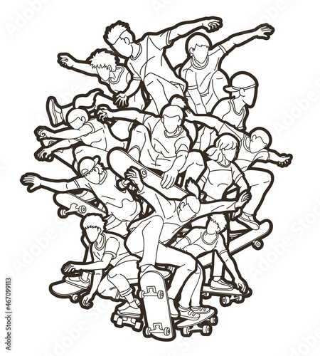 Group of Skateboarder Playing Skateboard Together Extreme Sport Cartoon Graphic Vector