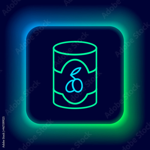 Glowing neon line Olives in can icon isolated on black background. Concept of canned food. Colorful outline concept. Vector