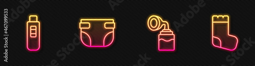 Set line Breast pump, Pregnancy test, Baby diaper and socks. Glowing neon icon. Vector