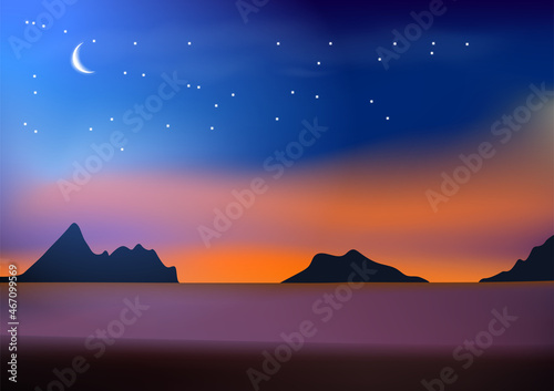 graphics drawing landscape beach sea view with moon sky and star  and twilight after sunset vector illustration