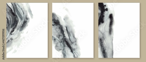 Grey watercolor backgrounds set. Abstract minimalism. Grunge, dirty ink wash. Design for card, cover