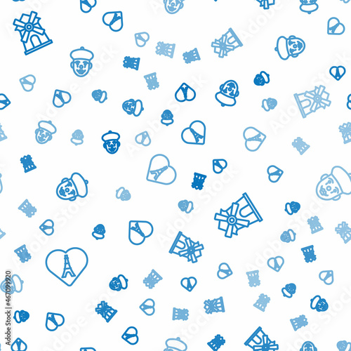 Set line Eiffel tower with heart, Windmill and French mime on seamless pattern. Vector