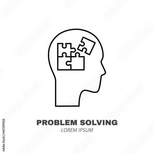 Thinking and solving process line icon concept. Human head with puzzle inside outline stroke element. Psychologist counseling. Anxiety, mood disorder, depression. Editable stroke vector illustration