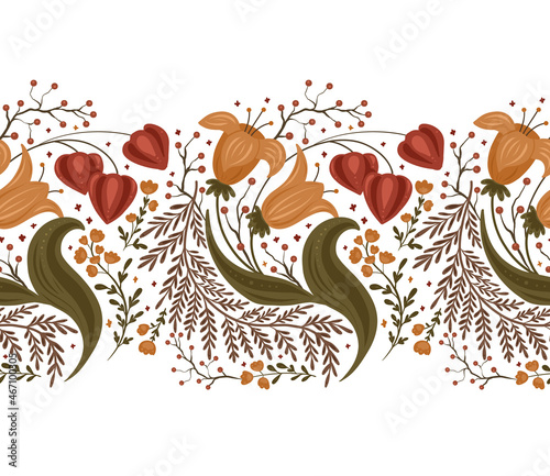 Seamless autumn border with flowers, berries and physalis. Floral ornament on white background. Vector natural frieze with bouquets for frame and tape