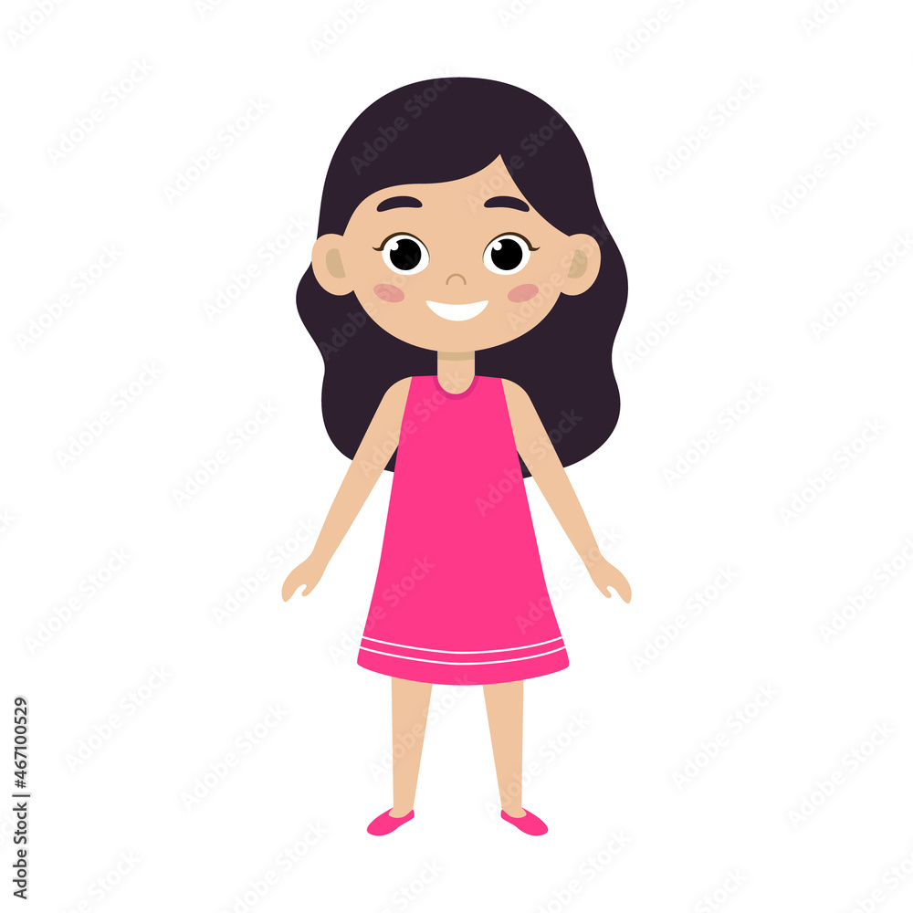 Cute girl kid. Funny child isolated on white background. Beautiful Baby girl smiling in dress. Happy emotion girl. Vector illustration in flat style Cute girl kid. Funny child isolated on white background. Beautiful Baby girl smiling in dress. Happy emotion girl. Vector illustration in flat style