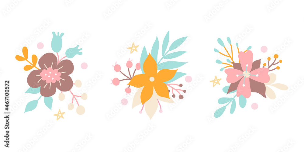 Set of beautiful flowers of different colors with decorative plant elements. Vector image in flat style. Floral decor for invitations, postcards, stickers