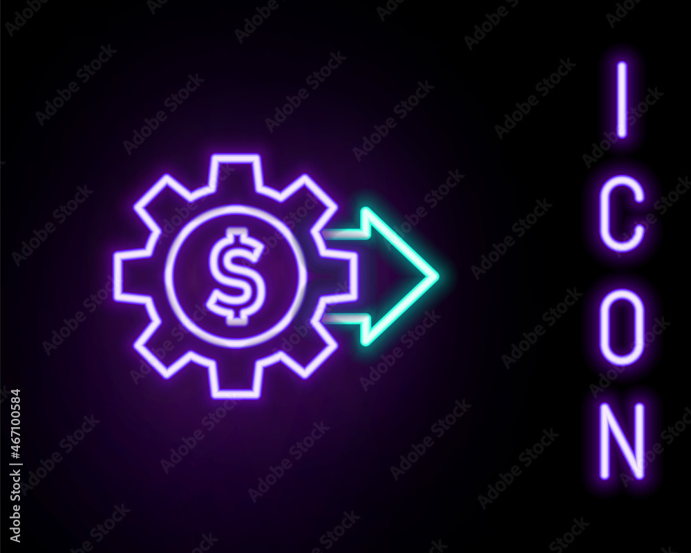 Glowing neon line Gear with dollar symbol icon isolated on black background. Business and finance conceptual icon. Colorful outline concept. Vector Glowing neon line Gear with dollar symbol icon isolated on black background. Business and finance conceptual icon. Colorful outline concept. Vector