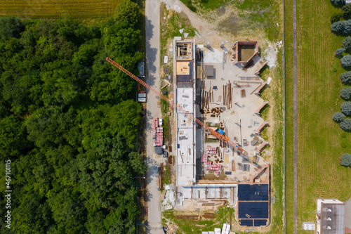 House construction site, drone aerial top view