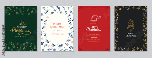 Merry Christmas and Happy New Year greeting cards and invitations. Happy holiday frames and backgrounds design.
