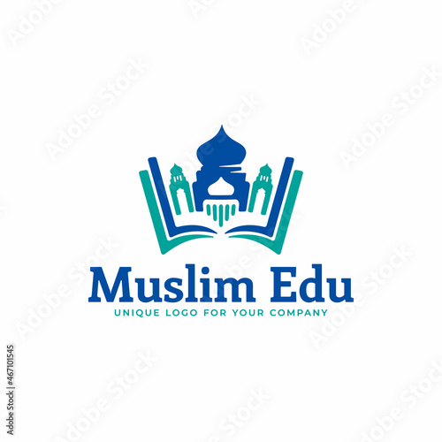 Creative Muslim education logo with book concept and mosque symbol.