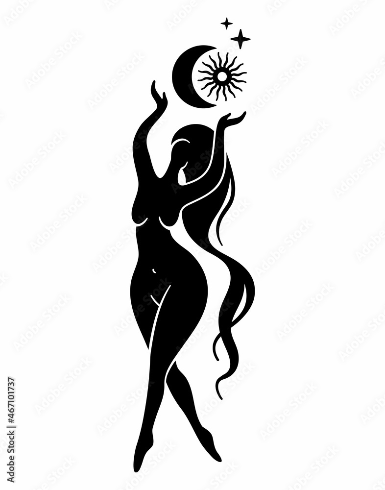 Mystic woman, goddess art print, exotic woman, celestial woman, feminine concept illustration, beautiful esoteric woman silhouettes. 