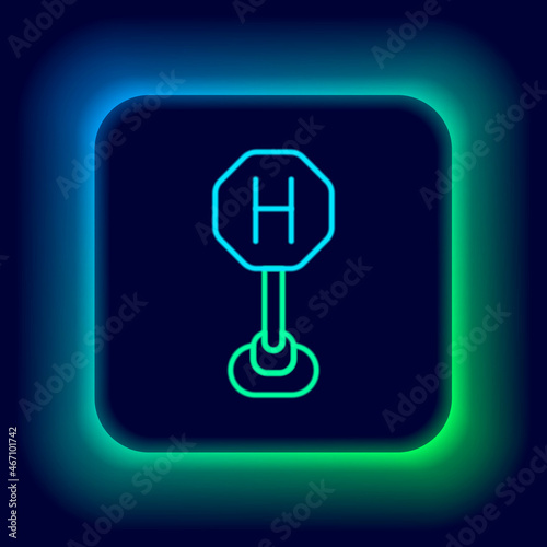 Glowing neon line Hospital road traffic icon isolated on black background. Traffic rules and safe driving. Colorful outline concept. Vector