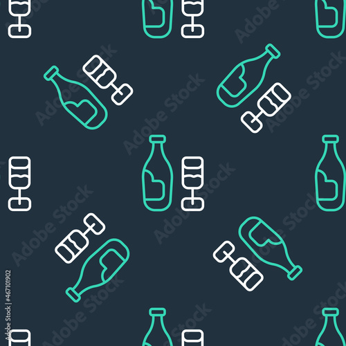 Line Wine bottle with glass icon isolated seamless pattern on black background. Vector