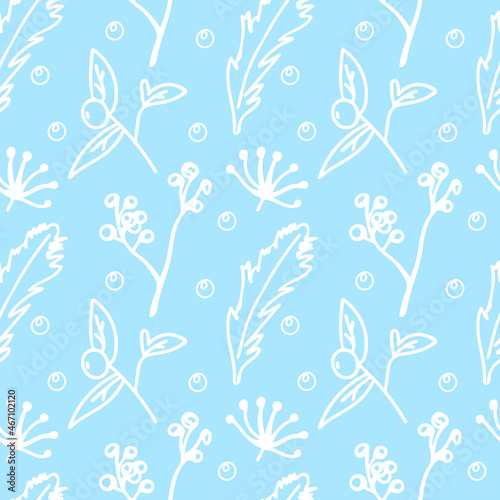 Seamless vector pattern with Christmas botanicals in white line on light blue background.Winter,floral,holiday print in doodle style hand drawn.Designs for textile,wrapping paper,fabric,scrapbooking.