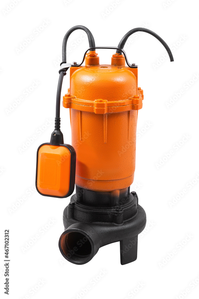 Orange automatic submersible drainage pump with hose placed on white isolated background in studio Orange automatic submersible drainage pump with hose placed on white isolated background in studio