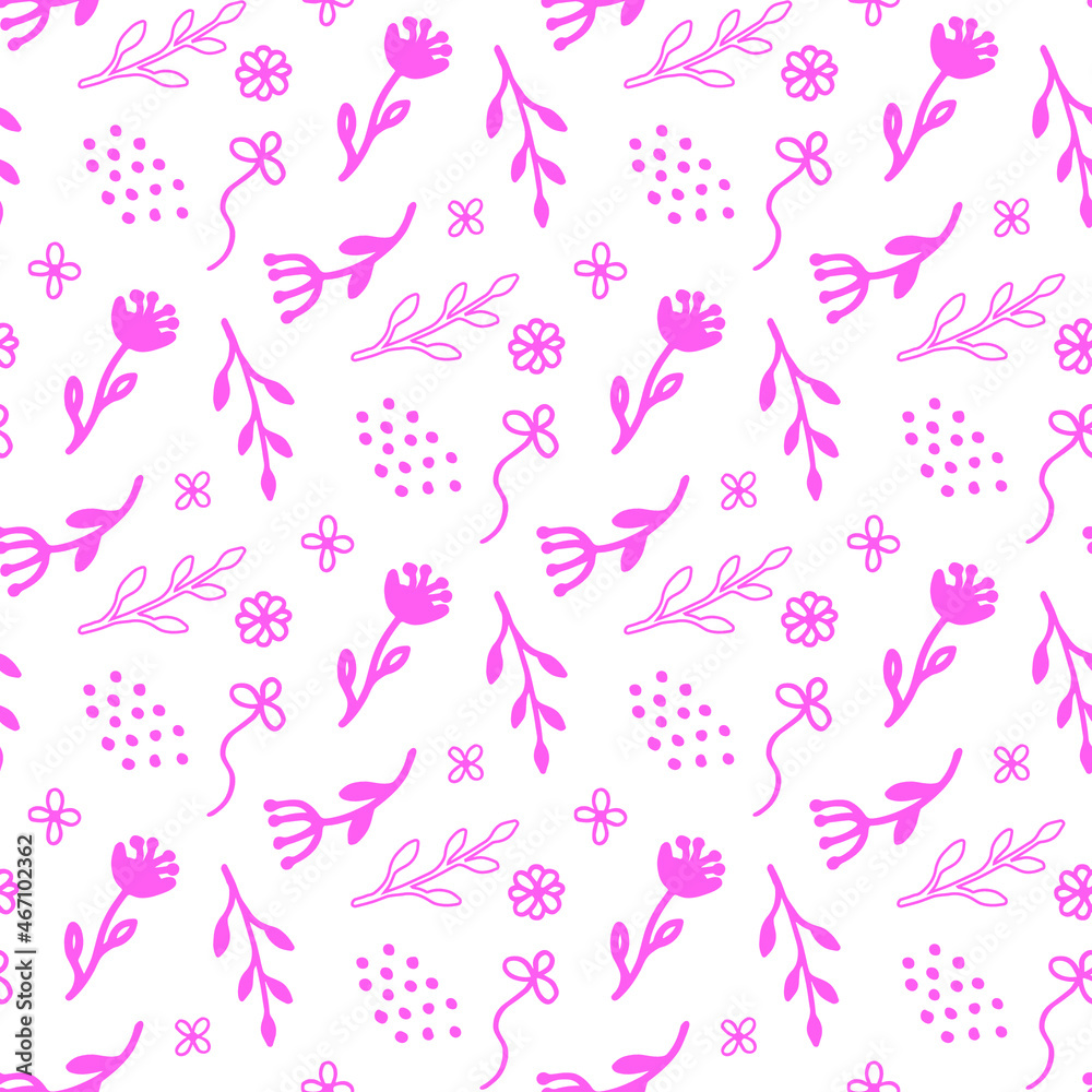 White seamless pattern with pink hand-drawn decorative elements