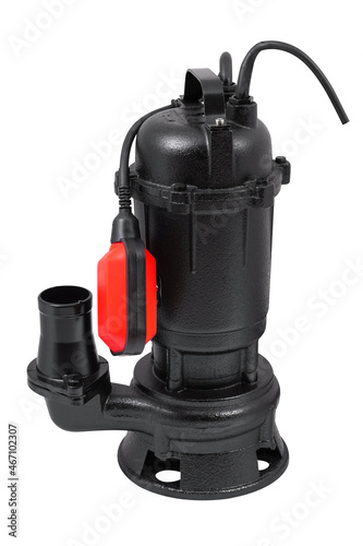 Submersible black metal sewage pump for pumping water placed on white isolated background