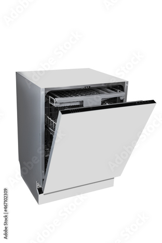 Contemporary metal dishwashing machine with shelves and opened door placed on white isolated background
