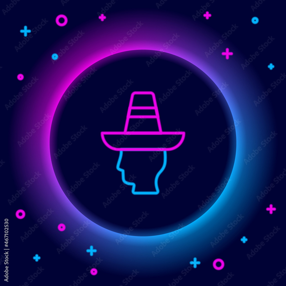 Glowing neon line Mexican man wearing sombrero icon isolated on black background. Hispanic man with a mustache. Colorful outline concept. Vector Glowing neon line Mexican man wearing sombrero icon isolated on black background. Hispanic man with a mustache. Colorful outline concept. Vector