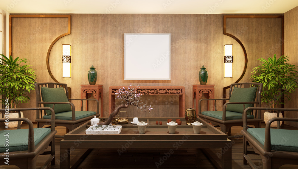 3D illustration Mockup photo frame in living room rendering