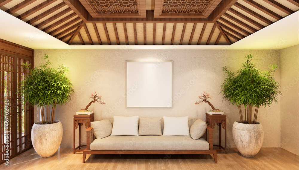 3D illustration Mockup photo frame in lounge rendering 3D illustration Mockup photo frame in lounge rendering